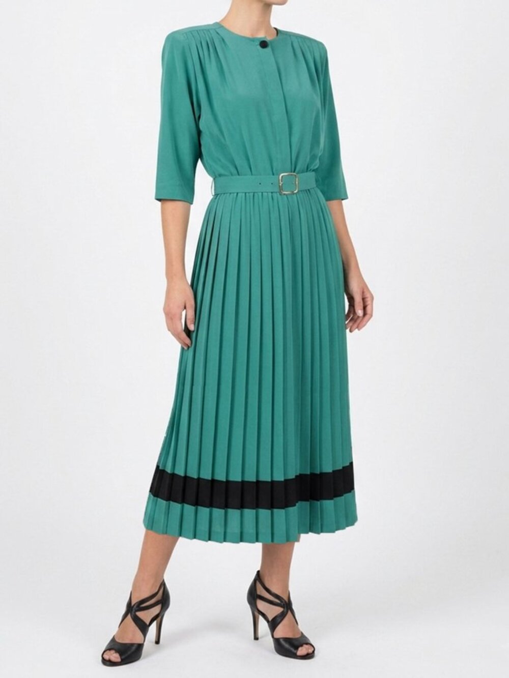 Vintage Joseph Ribkoff Green Pleated Midi Dress 80s Secretary Shoulder Pads
